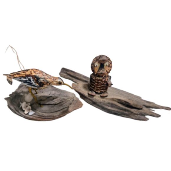 2-Hand-Carved Driftwood Sculptures ShoreBird w/Grass, Seashells/Owl Googly Eyes - Picture 2 of 8